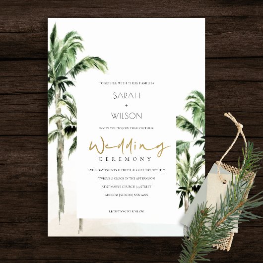 Rustic Tropical Beach Palm Trees Wedding Invić Bedankkaart