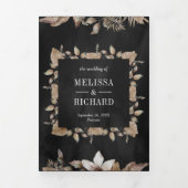 Rustic Tropical Dried Palm Leaves Black Wedding Drieluik Uitnodiging (Cover)