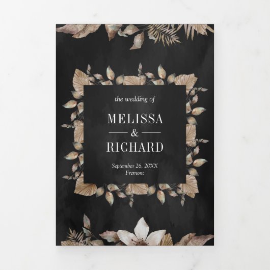 Rustic Tropical Dried Palm Leaves Black Wedding Drieluik Uitnodiging (Cover)