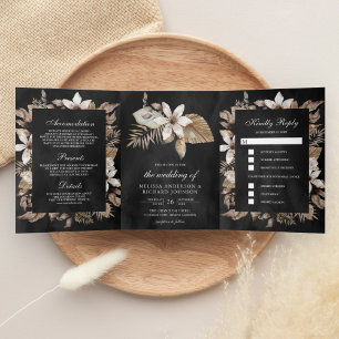 Rustic Tropical Dried Palm Leaves Black Wedding Drieluik Uitnodiging