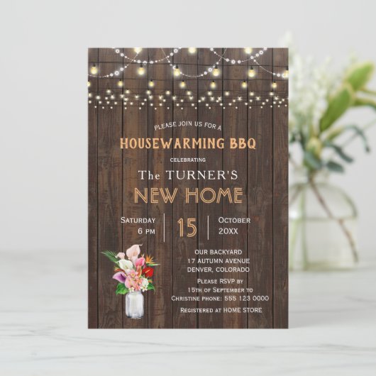 Rustic Tropical Flowers Wood Housewarming BBQ Kaart (Staand voorkant)