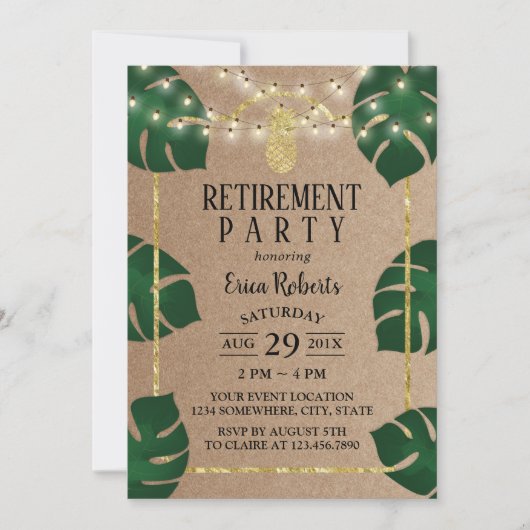 Rustic Tropical Gold Pineapple Luau Retirement Kaart (Voorkant)