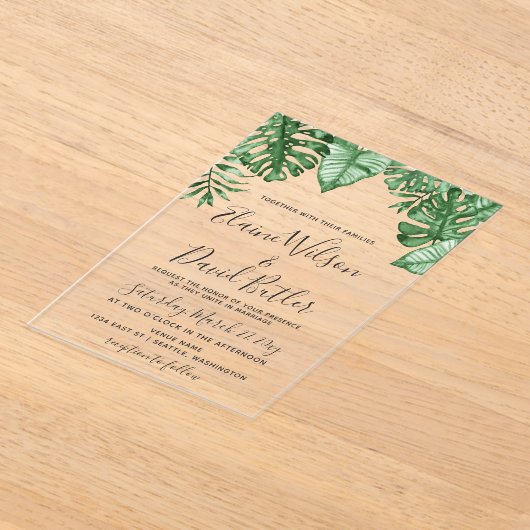 Rustic Tropical Greenery Botanical Wedding Acryl Uitnodigingen (Laagn)