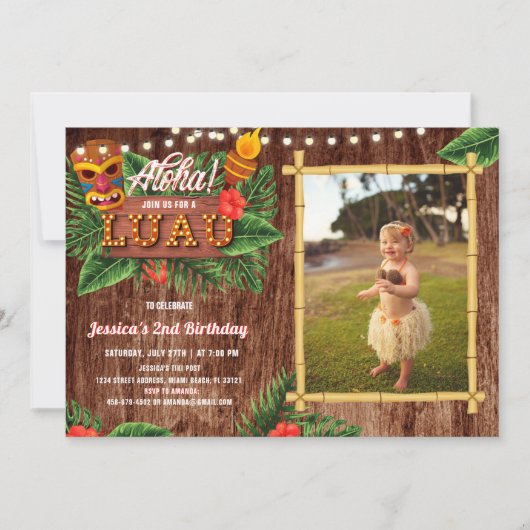 Rustic Tropical Luau Photo Birthday Invitation Kaart (Voorkant)