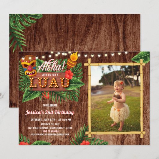 Rustic Tropical Luau Photo Birthday Invitation Kaart (Voorkant / Achterkant)