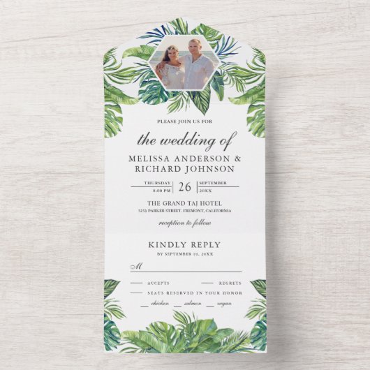 Rustic Tropical Monstera Palm Leaves Photo Weddens All In One Uitnodiging (Binnen)