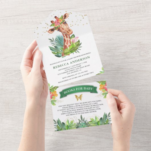 Rustic Tropical Oerwoud Safari Giraffe Baby shower All In One Uitnodiging (Afscheurbaar)