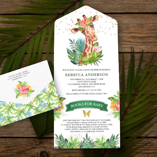 Rustic Tropical Oerwoud Safari Giraffe Baby shower All In One Uitnodiging