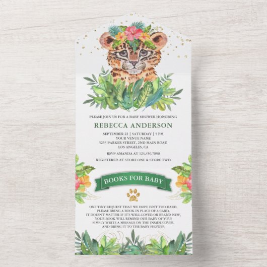 Rustic Tropical Oerwoud Safari Leopard Baby shower All In One Uitnodiging (Binnen)