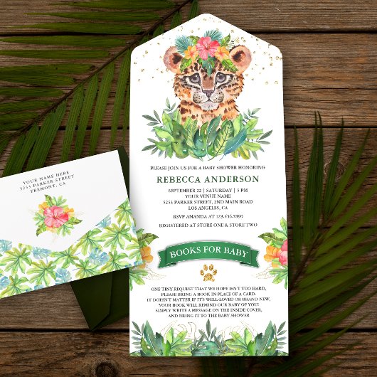 Rustic Tropical Oerwoud Safari Leopard Baby shower All In One Uitnodiging
