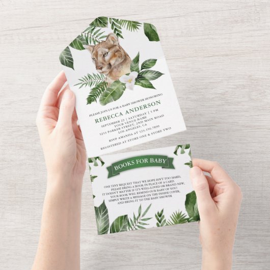 Rustic Tropical Oerwoud Safari Lioness Baby shower All In One Uitnodiging (Afscheurbaar)