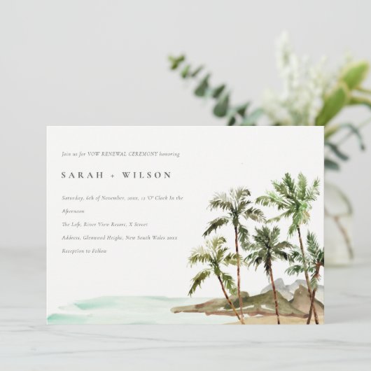 Rustic Tropical Palm Trees Beach Sand Vow Renewal Kaart (Staand voorkant)