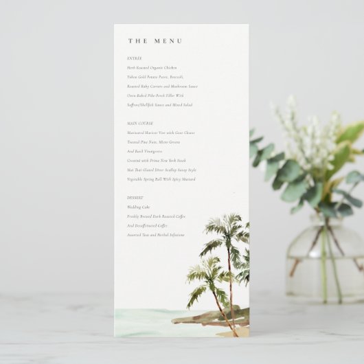 Rustic Tropical Palm Trees Beach Sand Wedding Menu Kaart (Staand voorkant)