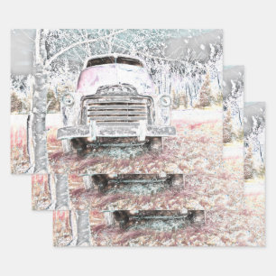 Rustic Truck White Grey Retro Disted Inpakpapier Vel
