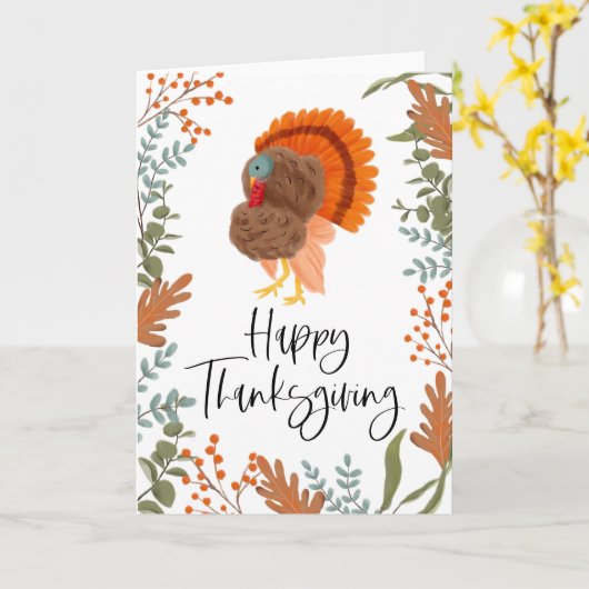 Rustic Turkey & Foliage Happy Thanksgiving Kaart (Gele Bloem)