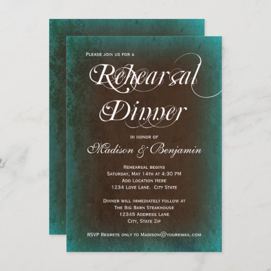 Rustic Turquoise Brown repesal Dinner Invitation Kaart (Voorkant / Achterkant)