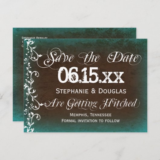 Rustic Turquoise Brown Save the Date Briefkaarten (Voorkant / Achterkant)