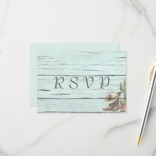 Rustic Turquoise country Western Wedding RSVP Kaartje (Voorkant / Achterkant in situ)