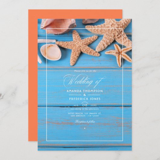 Rustic Turquoise en Coral Beach Wedding Kaart (Voorkant / Achterkant)