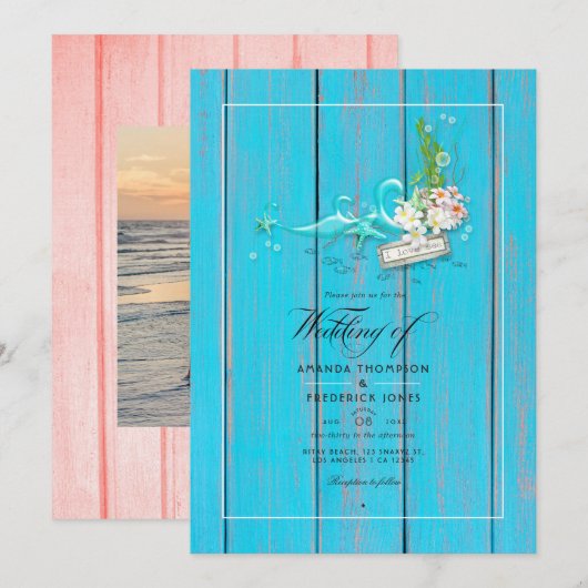 Rustic Turquoise en Coral Beach Wedding Photo Kaart (Voorkant / Achterkant)