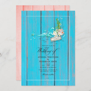 Rustic Turquoise en Coral Beach Wedding Photo Kaart