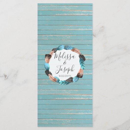 Rustic Turquoise Hout Boho Veer Huwelijksprogramma Programmakaart (Achterkant)