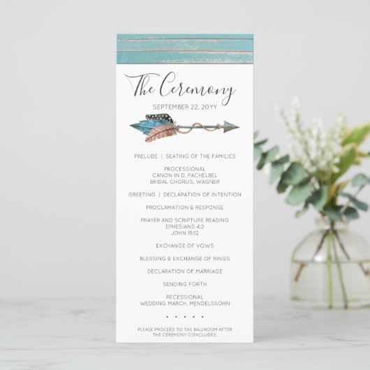 Rustic Turquoise Hout Boho Veer Huwelijksprogramma Programmakaart (Staand voorkant)