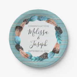 Rustic Turquoise Houten Veer Krans Boho Bruiloft Papieren Bordje