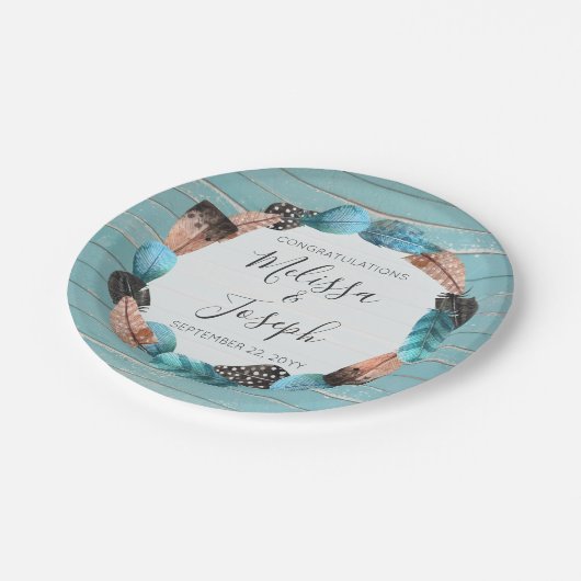 Rustic Turquoise Houten Veer Krans Boho Bruiloft Papieren Bordje (Gekanteld)