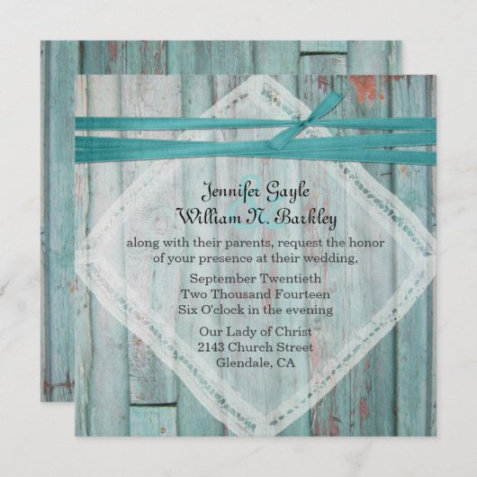Rustic Turquoise Painted Wood Wedding Invitation Kaart (Voorkant / Achterkant)