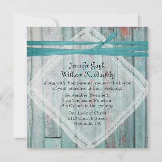 Rustic Turquoise Painted Wood Wedding Invitation Kaart (Voorkant)