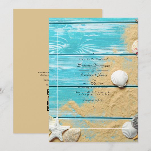 Rustic Turquoise QR Code RSVP Beach Wedding Kaart (Voorkant / Achterkant)