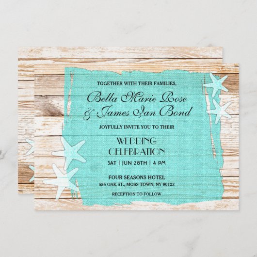 Rustic Turquoise Starfish Seashell Wedding Invite Kaart (Voorkant / Achterkant)
