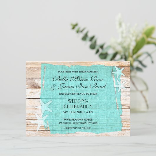 Rustic Turquoise Starfish Seashell Wedding Invite Kaart (Staand voorkant)