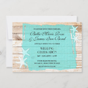 Rustic Turquoise Starfish Seashell Wedding Invite Kaart