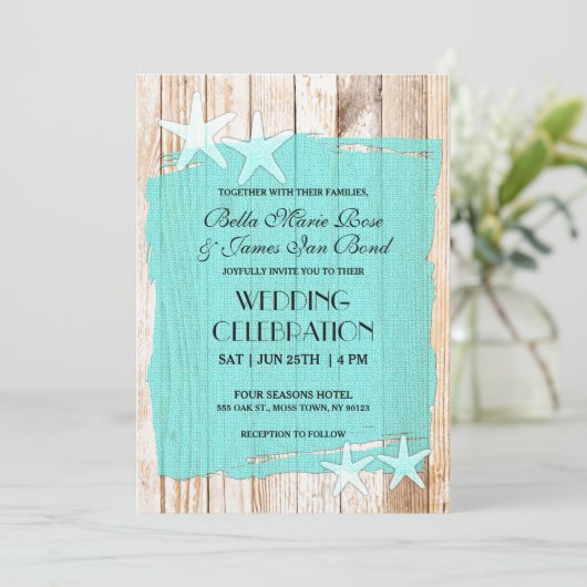 Rustic Turquoise Starfish Wedding Invitation Kaart (Staand voorkant)
