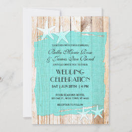 Rustic Turquoise Starfish Wedding Invitation Kaart