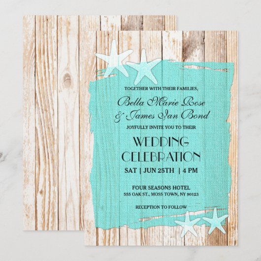 Rustic Turquoise Starfish Wedding Invitation Kaart (Voorkant / Achterkant)