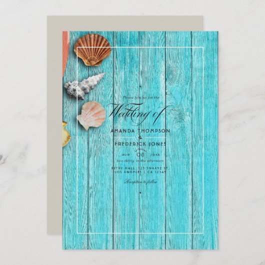 Rustic Turquoise Summer Beach Wedding Invitation Kaart (Voorkant / Achterkant)