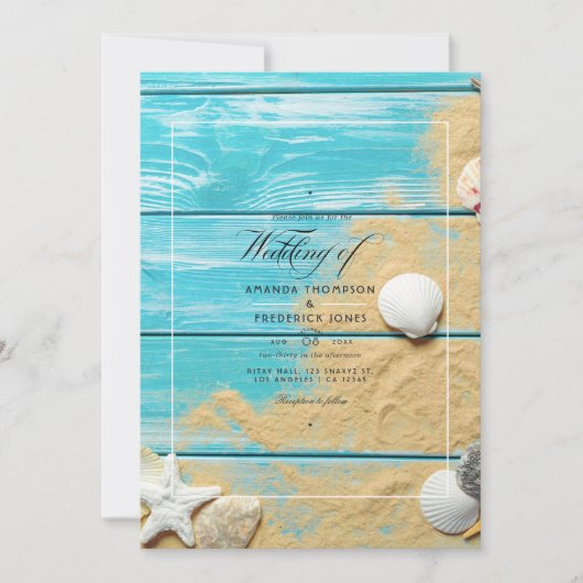 Rustic Turquoise Summer Beach Wedding Invitation Kaart (Voorkant)