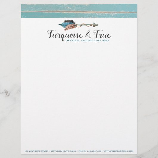 Rustic Turquoise Wood & Feather Arrow Boho Chic Briefhoofd (Voorkant)