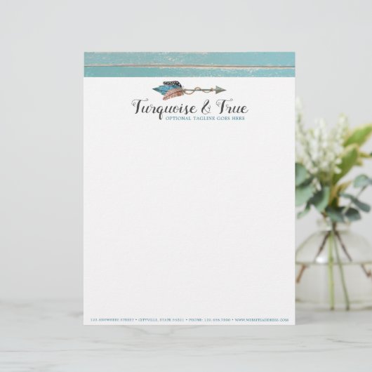 Rustic Turquoise Wood & Feather Arrow Boho Chic Briefhoofd (Staand voorkant)