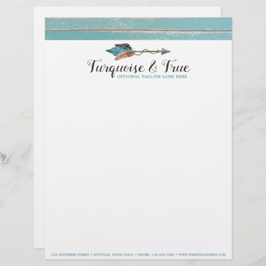 Rustic Turquoise Wood & Feather Arrow Boho Chic Briefhoofd (Voorkant / Achterkant)