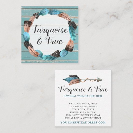 Rustic Turquoise Wood & Feather Arrow Boho Chic Vierkante Visitekaartje (Voorkant / Achterkant)