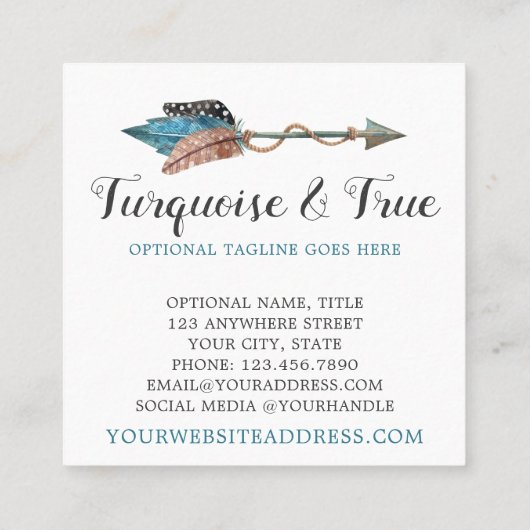 Rustic Turquoise Wood & Feather Arrow Boho Chic Vierkante Visitekaartje (Achterkant)