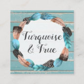 Rustic Turquoise Wood & Feather Arrow Boho Chic Vierkante Visitekaartje (Voorkant)