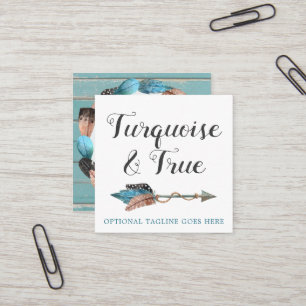 Rustic Turquoise Wood & Feather Arrow Boho Chic Vierkante Visitekaartje