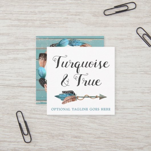 Rustic Turquoise Wood & Feather Arrow Boho Chic Vierkante Visitekaartje (Voorkant / Achterkant in situ)