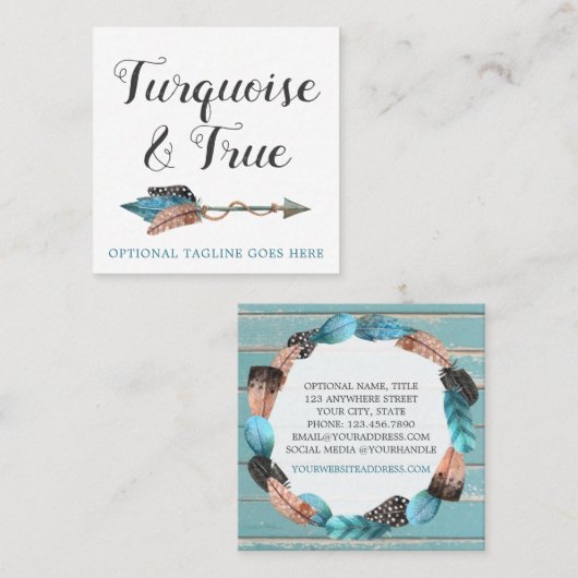 Rustic Turquoise Wood & Feather Arrow Boho Chic Vierkante Visitekaartje (Voorkant / Achterkant)