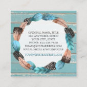 Rustic Turquoise Wood & Feather Arrow Boho Chic Vierkante Visitekaartje (Achterkant)